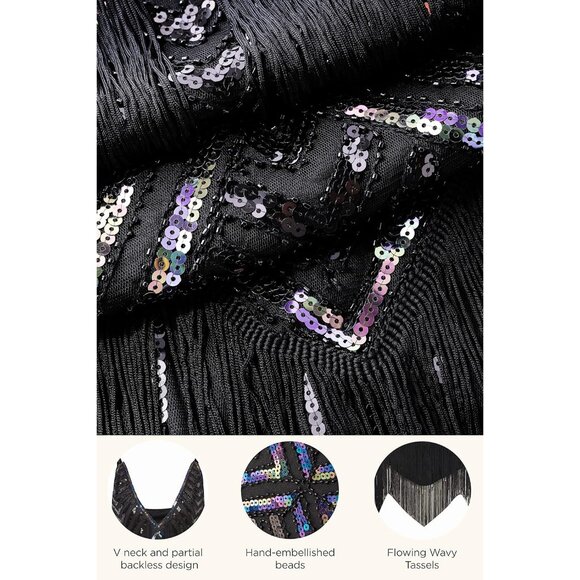 Women's Flapper Dress 1920s Beaded Sequin V Neck Party Dress Fitted Midi - Picture 3 of 6